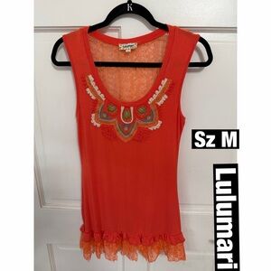 Lulumari Orange Embroidered Tank Top with Lace Ruffled Hem Lace back